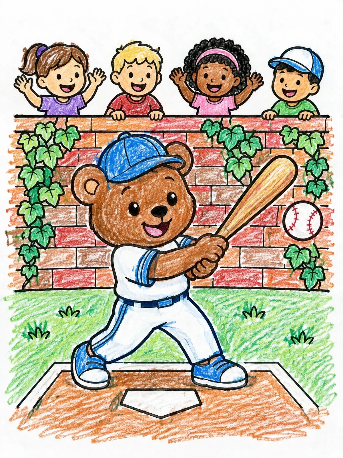Colored example of the Baseball Bear Cub At The Ivy Wall coloring page