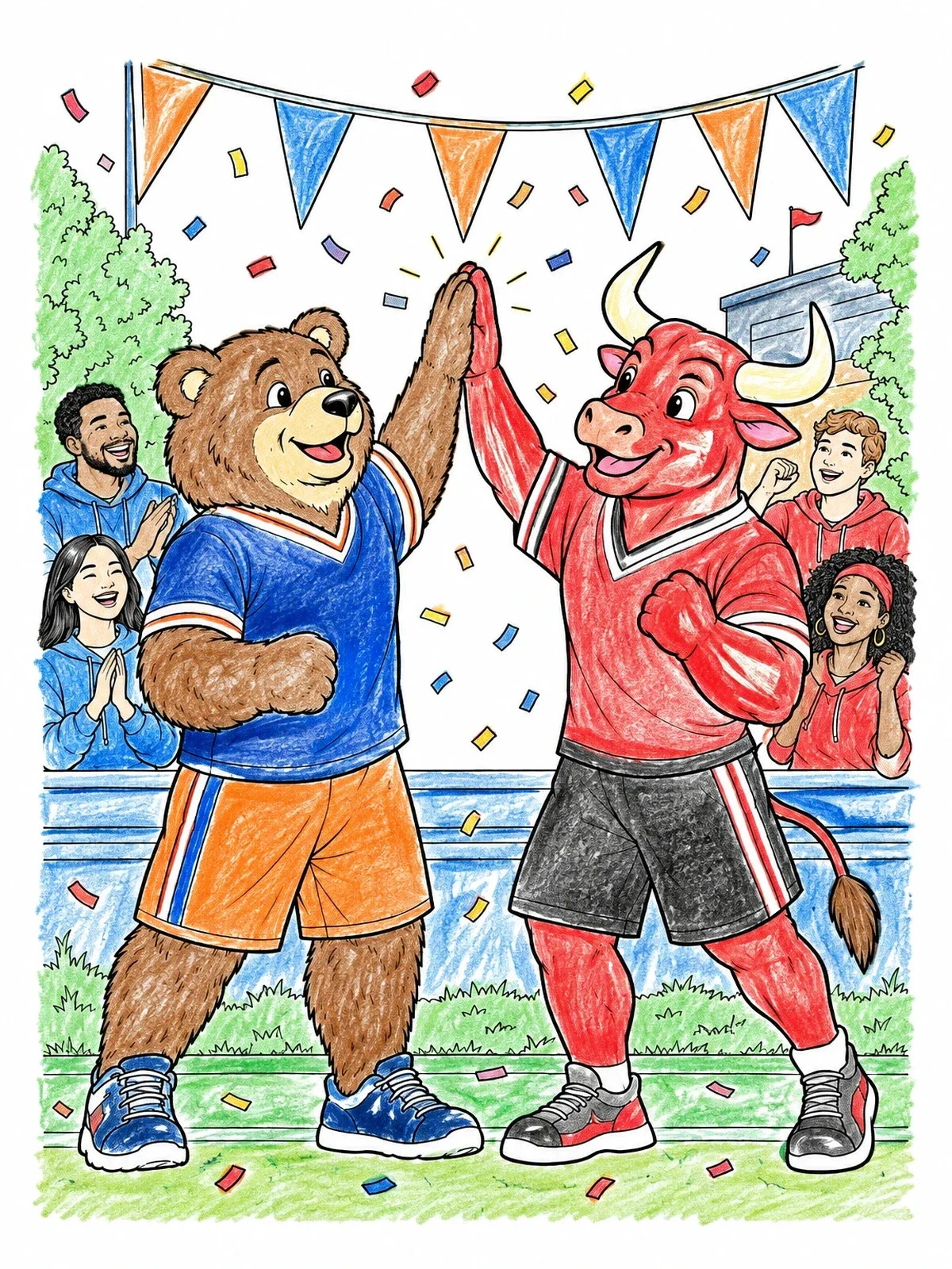 Colored example of the Chicago Bear And Bull Mascots High Five coloring page