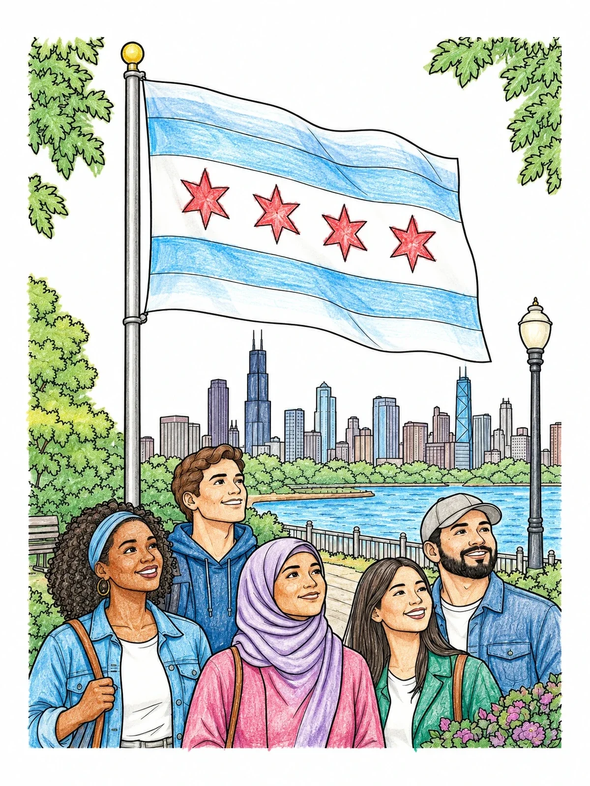 Colored example of the Chicago City Flag And Skyline Gathering coloring page