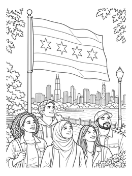 Free printable Chicago City Flag And Skyline Gathering coloring page