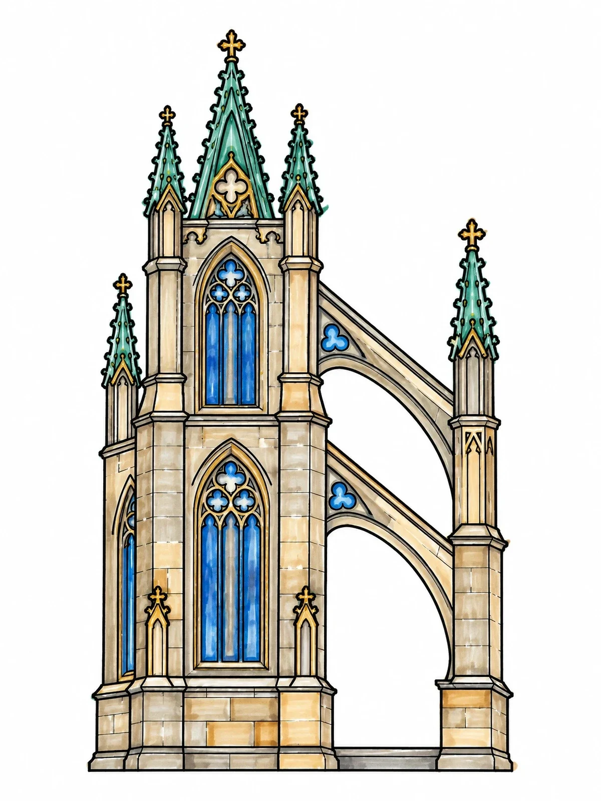 Colored example of the Gothic Revival Tower And Flying Buttress coloring page