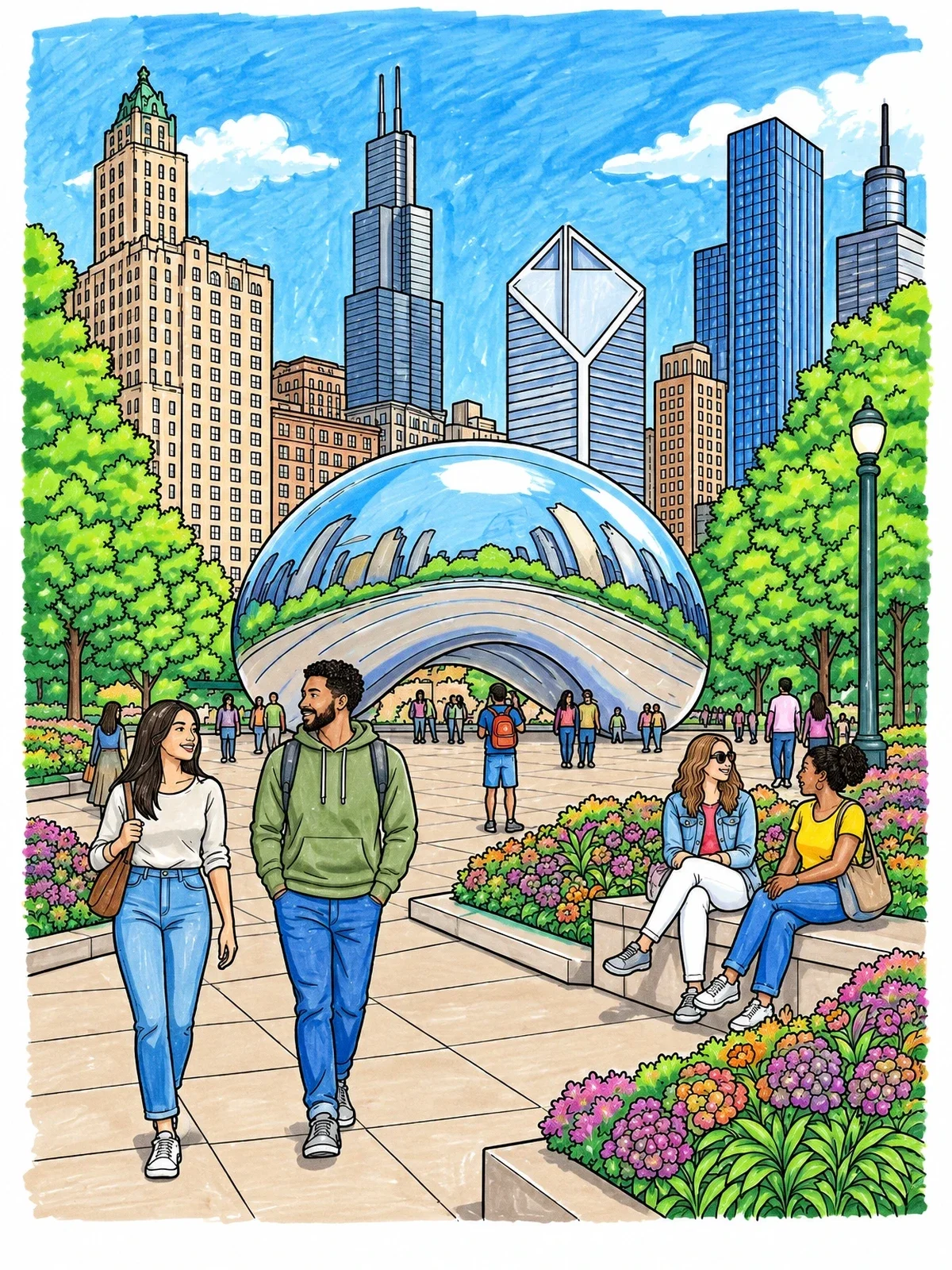 Colored example of the Millennium Park In Chicago coloring page