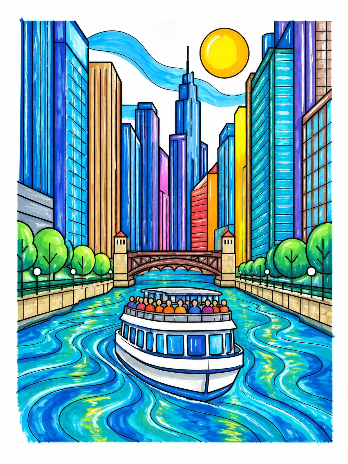 Colored example of the Chicago River Architecture Boat Tour coloring page