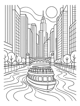 Free printable Chicago River Architecture Boat Tour coloring page