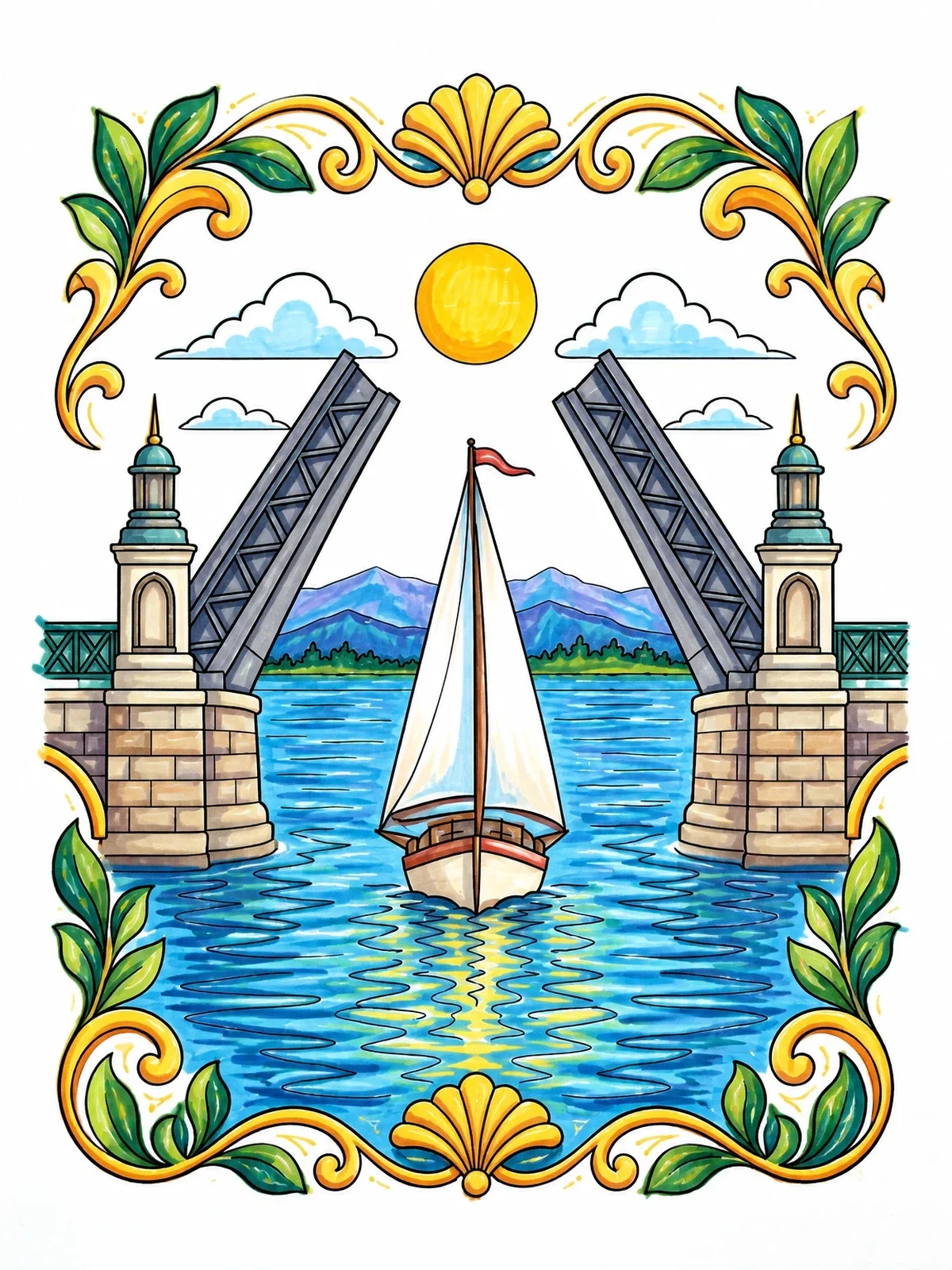 Colored example of the Sailboat Passing Under Drawbridge coloring page