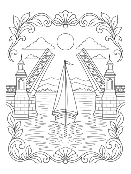 Free printable Sailboat Passing Under Drawbridge coloring page