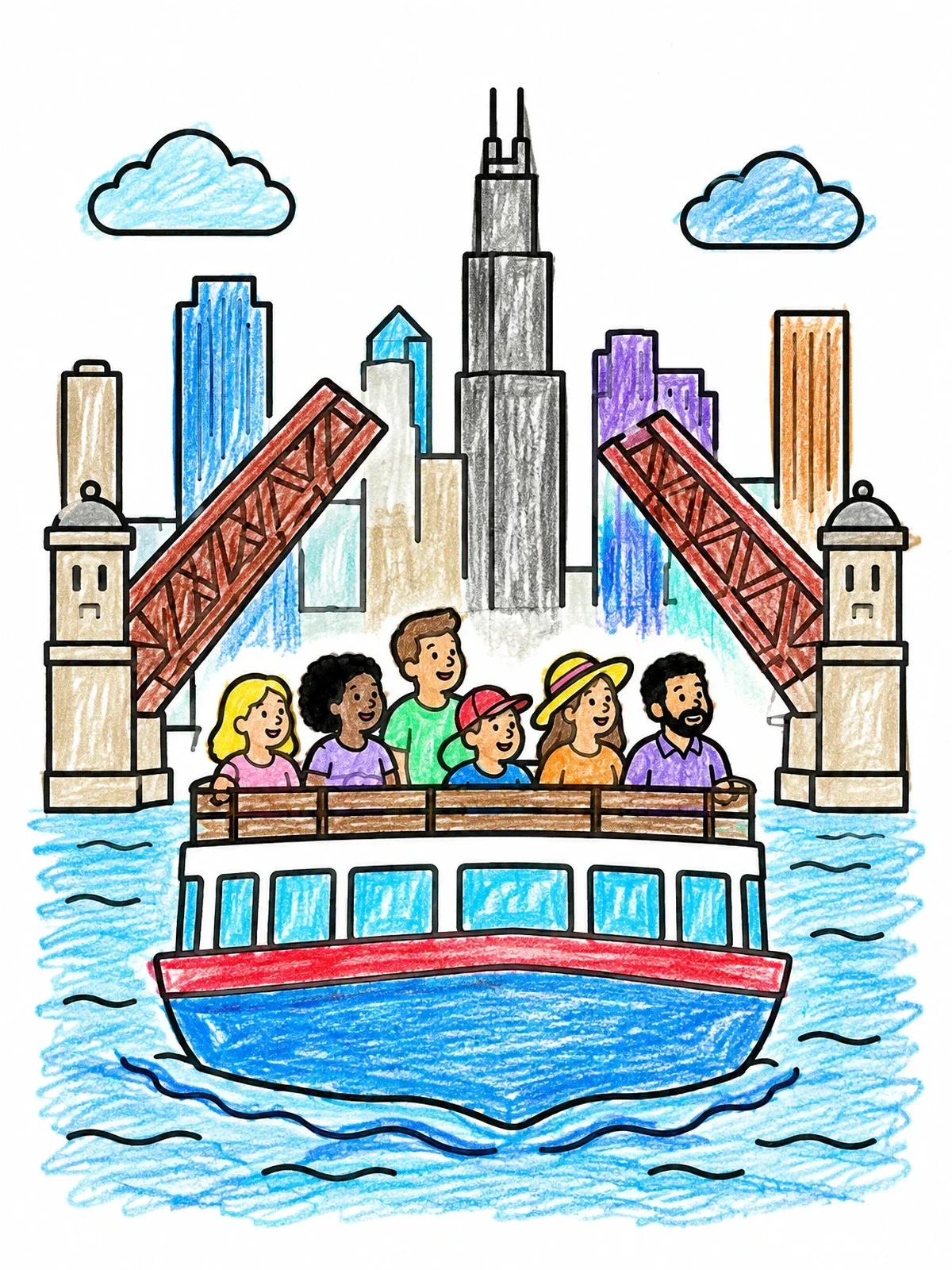 Colored example of the Chicago River Tour Boat coloring page