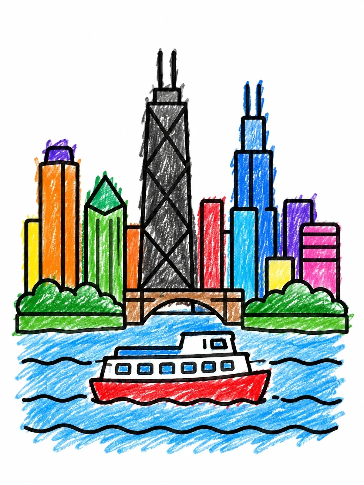 Colored example of the Chicago Skyline And River Tour Boat coloring page