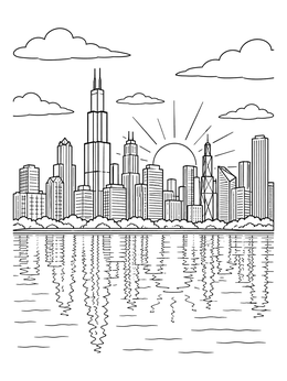 Free printable Chicago Skyline Sunrise Over Lake Michigan coloring page