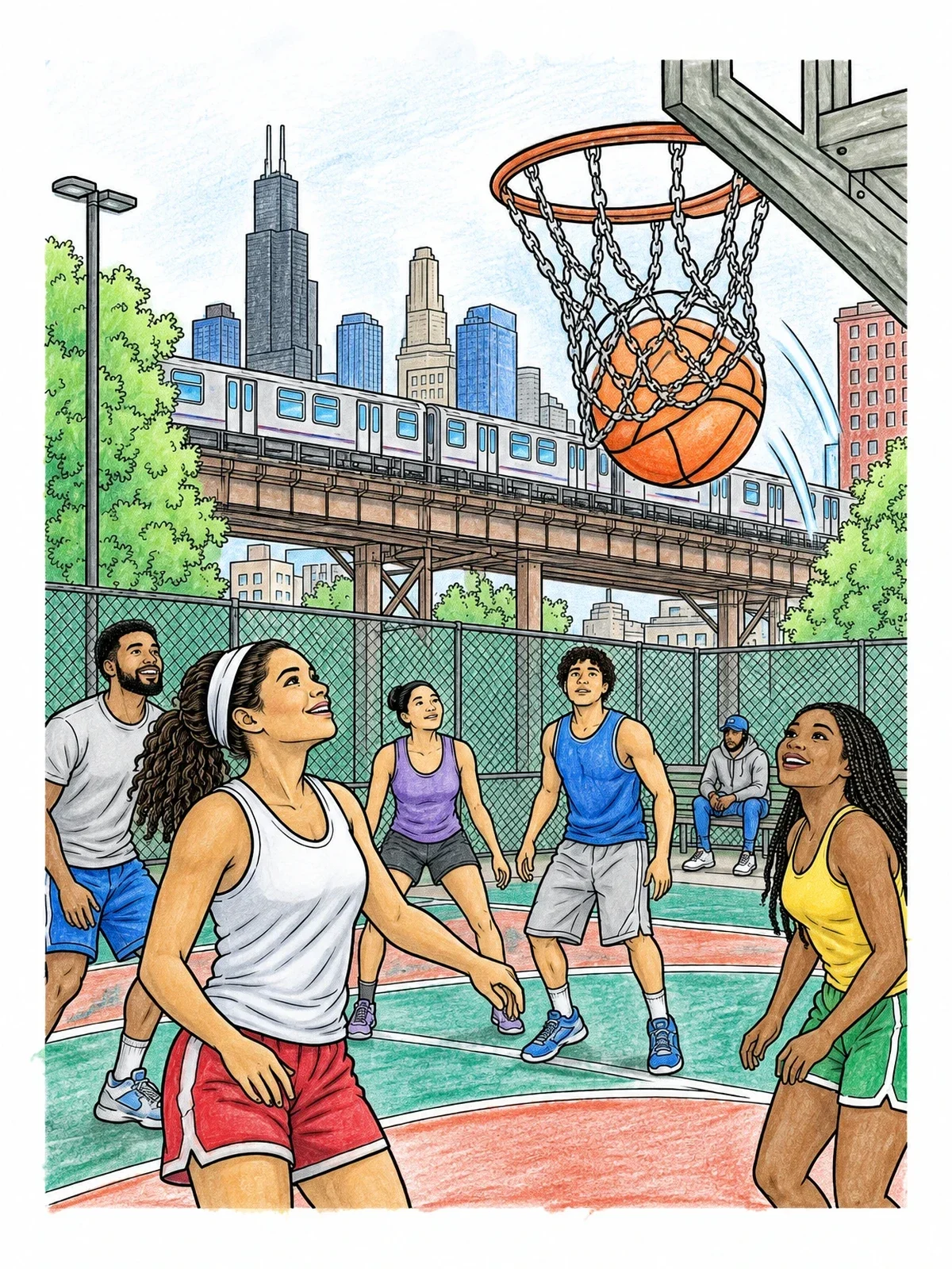 Colored example of the Chicago Street Basketball Game coloring page