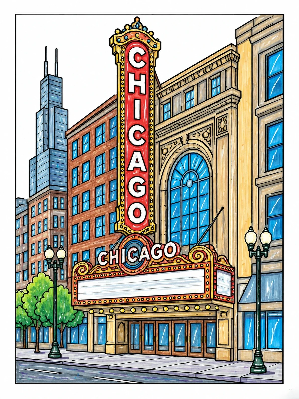 Colored example of the Historic Chicago Theatre Marquee coloring page