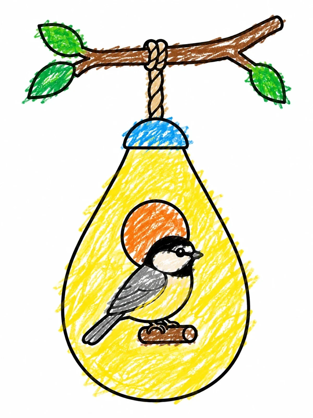 Colored example of the Chickadee Perched On Hanging Birdhouse coloring page