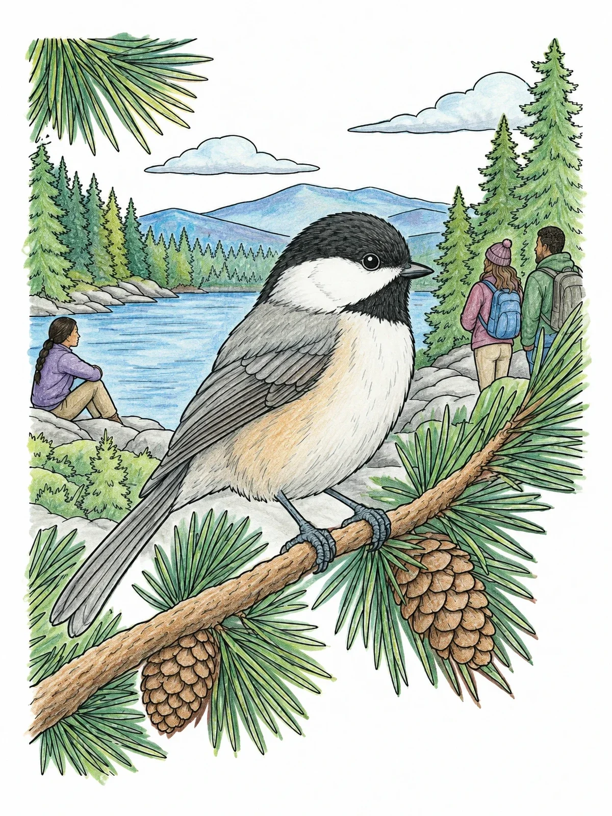 Colored example of the Chickadee Perched On Pine Branch coloring page