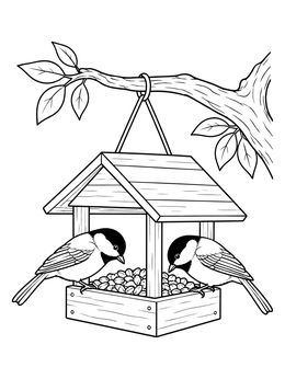 Two chickadees eat seeds from a hanging feeder in this backyard coloring page.