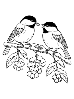 Two chickadees perched on a snow-covered berry branch in a cozy winter mood coloring page.