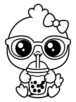 A cute baby chick coloring page featuring glasses, a hair bow, and a cup of boba tea.