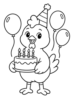 A joyful chicken coloring page featuring a chick in a party hat holding a birthday cake with balloons.