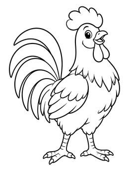 A cheerful cartoon rooster stands tall on this fun chicken coloring page.