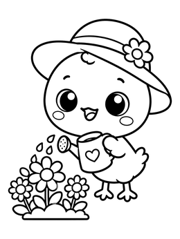 Free printable Cute Chick Gardening Flowers coloring page