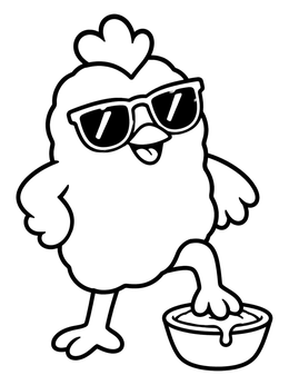 A cool chicken coloring page with a chick wearing sunglasses and dipping its foot into sauce.