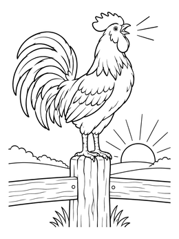 A proud rooster crows from a fence post at dawn in this chicken coloring page.