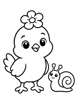 Free printable Cute Baby Chick With Flower And Snail coloring page