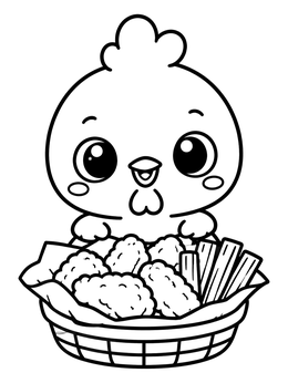 A cute chick sits behind a basket of fried chicken on this chicken coloring page.