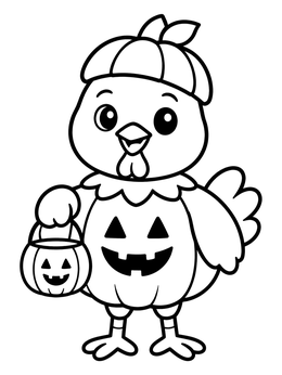 A sweet chicken coloring page of a chick dressed in a pumpkin outfit holding a treat bucket.