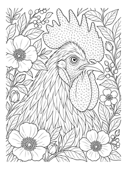 Detailed rooster head framed by botanical flowers in this chicken coloring page.