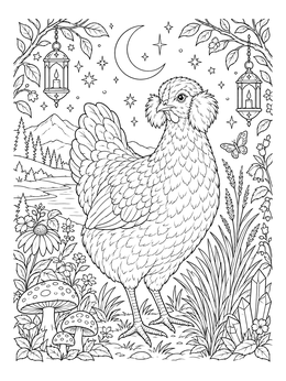 A detailed chicken coloring page featuring a crested hen under a crescent moon with lanterns.