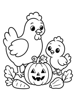Free printable Hen And Chick With Carved Pumpkin coloring page