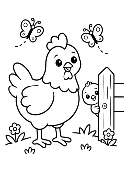 Free printable Hen And Chick By The Fence coloring page