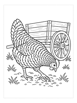 A detailed chicken coloring page featuring a barred hen pecking the ground next to an old farm wagon.