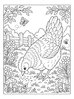 A sweet hen pecks at seeds outdoors on this chicken coloring page surrounded by flowers and insects.