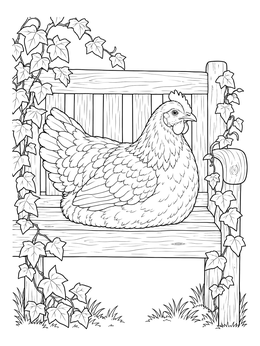 A detailed chicken coloring page showing a hen resting on a wooden garden bench with ivy.