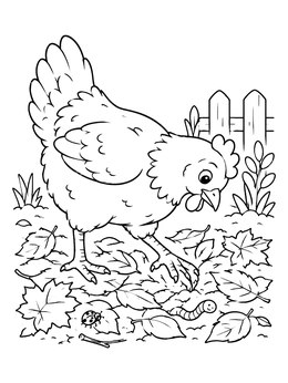 A cheerful chicken coloring page showing a hen searching for bugs in fallen leaves.