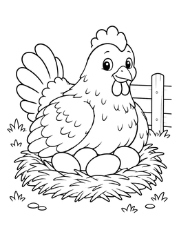 A friendly hen sits on eggs in this chicken coloring page.
