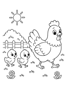 A cheerful mother hen walks with two little chicks in this cute chicken coloring page.