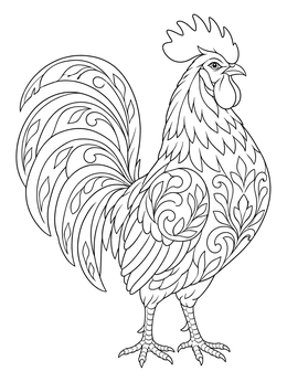 A decorative chicken coloring page showing a proud rooster with patterned plumage.