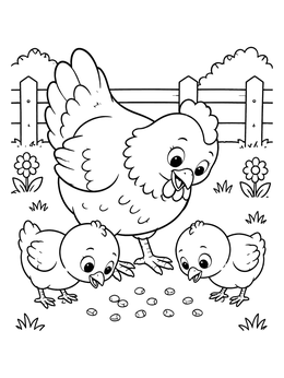 A mother hen and two chicks pecking seeds on this chicken coloring page.