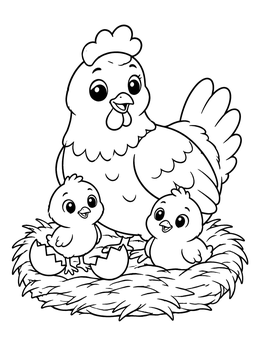 A friendly mother hen resting in a nest with her two babies on this chicken coloring page.