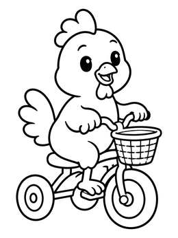 A cheerful cartoon chicken rides a tricycle with a basket on this chicken coloring page.
