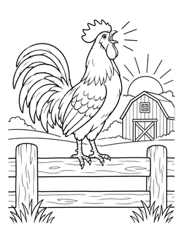 A proud rooster crows on a wooden fence in this chicken coloring page featuring a barn and rising sun.