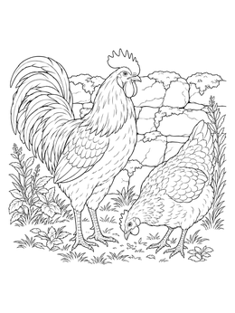 A rooster and foraging hen on this realistic chicken coloring page.