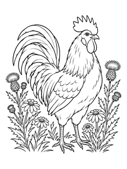 A proud rooster stands in flowers on this chicken coloring page.