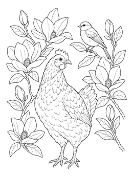A detailed bird coloring page featuring a standing hen and songbird surrounded by magnolia blooms.
