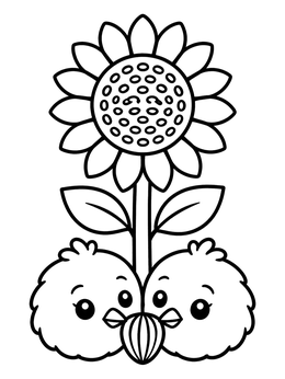 Free printable Cute Chicks Sharing Sunflower Seed coloring page