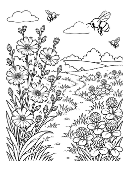 A wild flower coloring page showing chicory, clover blooms, and bumblebees along a winding meadow path.