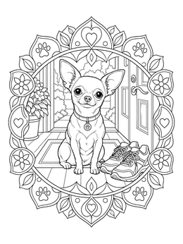 A chihuahua coloring page framed in a floral mandala beside sneakers by the doorway.