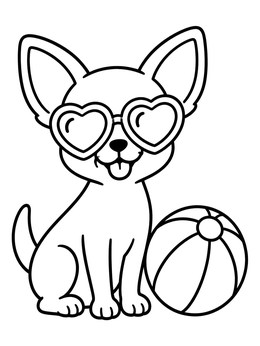 A cheerful chihuahua coloring page with heart sunglasses and a beach ball.